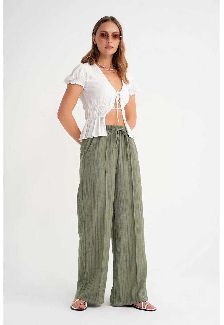 Pantaloni dama - talie inalta - picior lat - kaki - textil