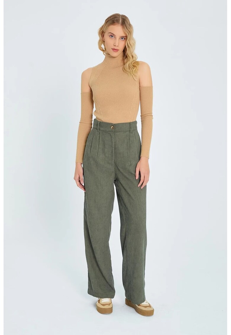 Pantaloni dama - talie inalta - picior drept - verde kaki - catifea -