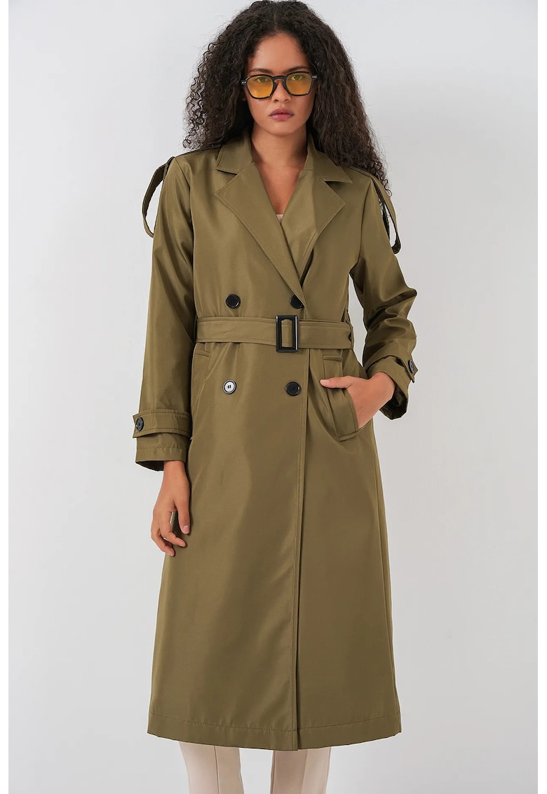 Palton lung trench - doua randuri de nasturi - verde kaki - textil
