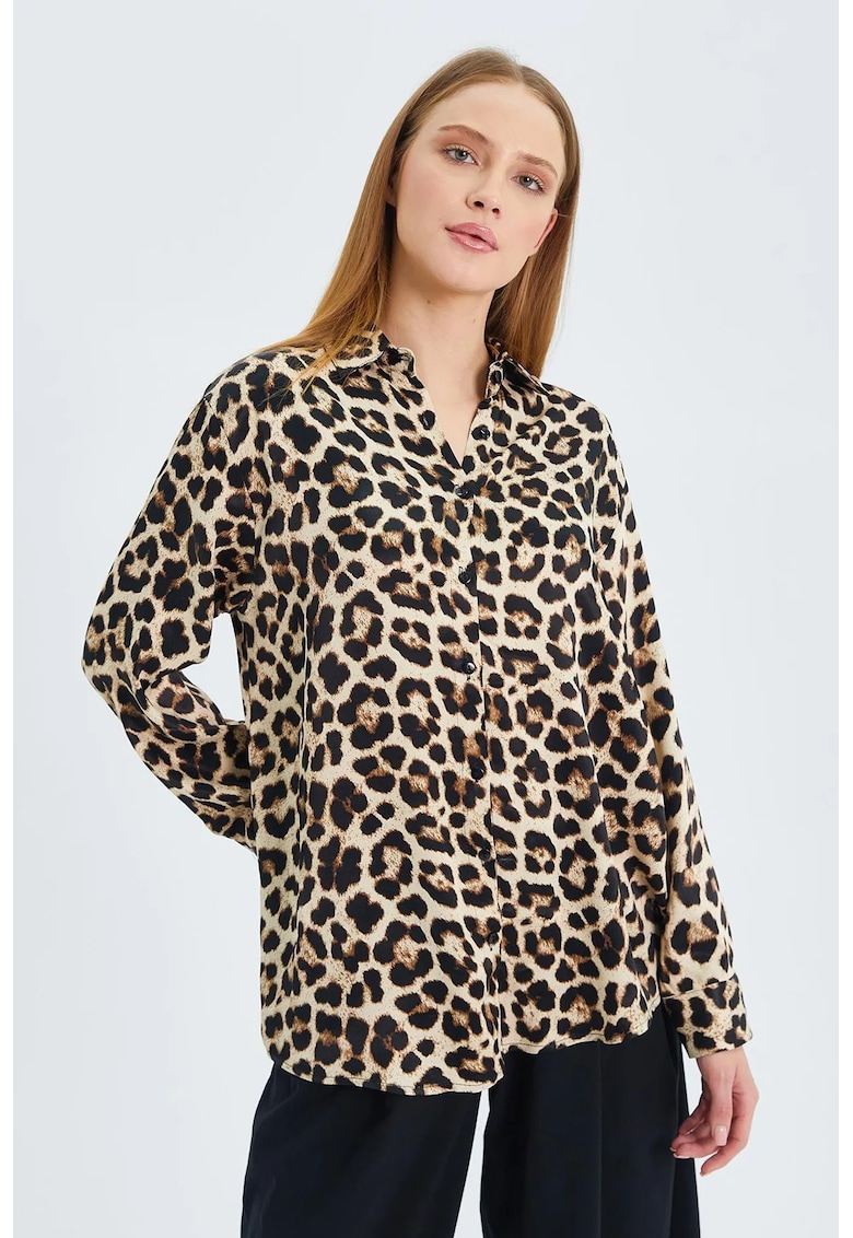 Camasa dama - camasa poplin cu imprimeu leopard - bej natural - textil