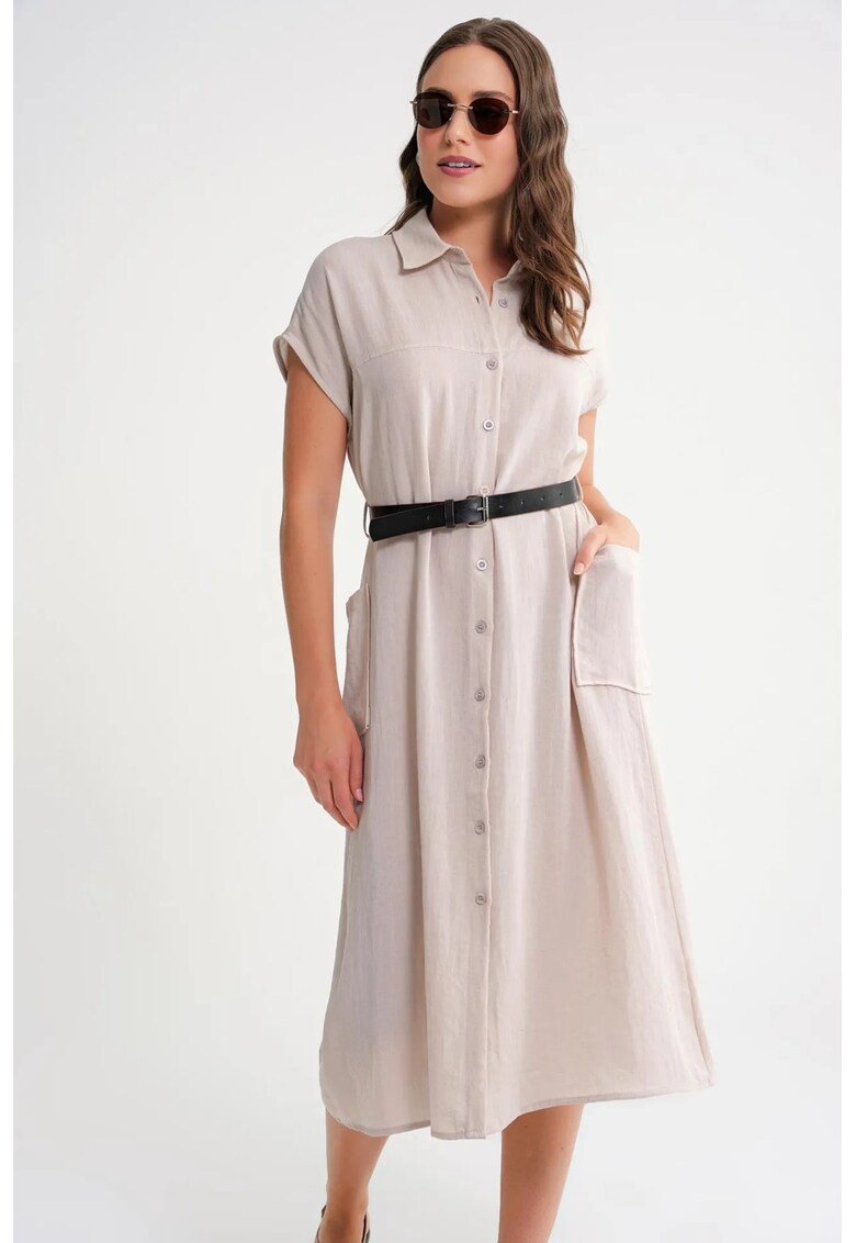 Rochie Midi - Detaliu Curea - Guler cu Nasturi - Piatra Naturala - Textil