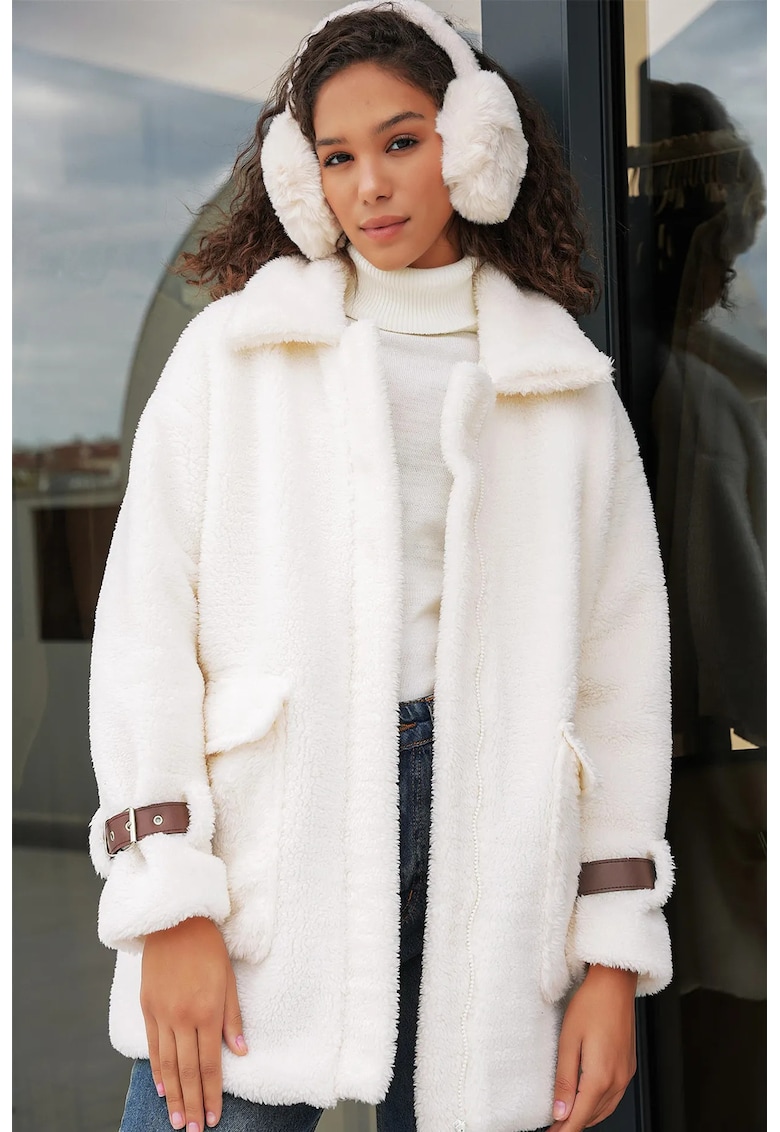 Palton dama - supradimensionat - buzunare - alb - bumbac