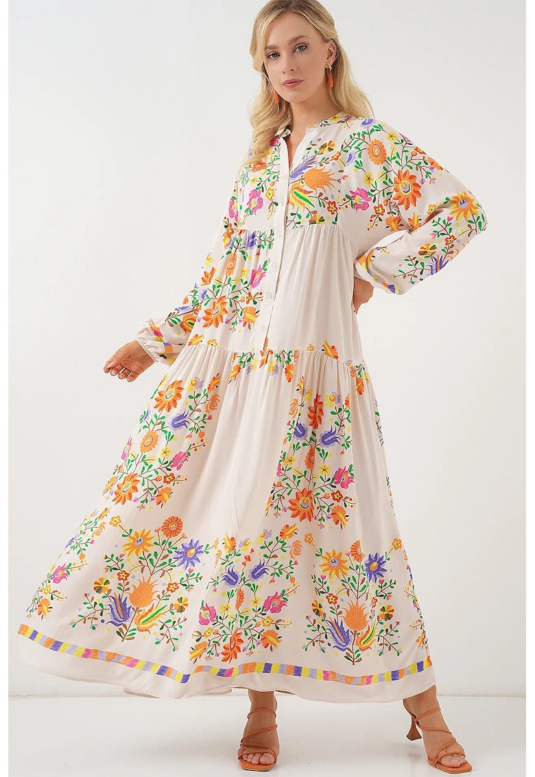 Rochie Maxi - Decolteu in V - Portocaliu Stralucitor - Textil
