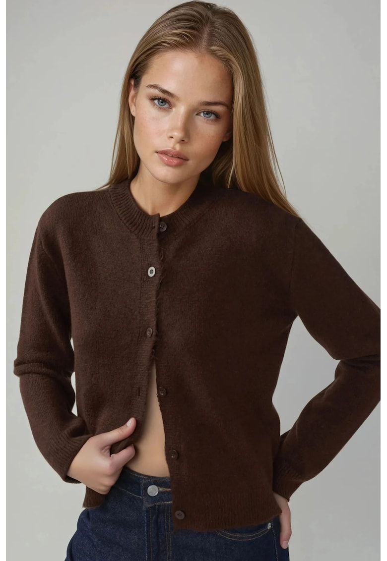 Cardigan tricotat - guler rotund - moale - maro castaniu