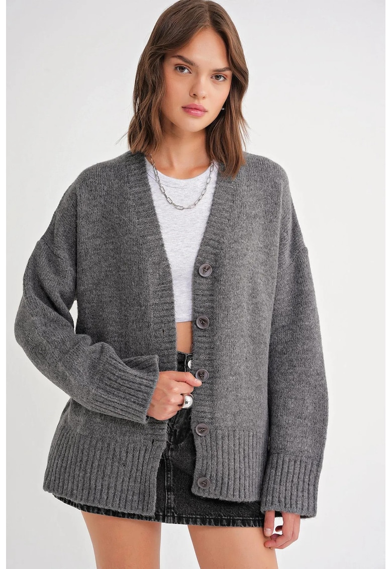 Cardigan dama - decolteu in V - gri inchis - tricot -