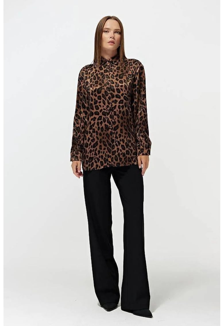Camasa din satin - imprimeu leopard - maro cafea - textil