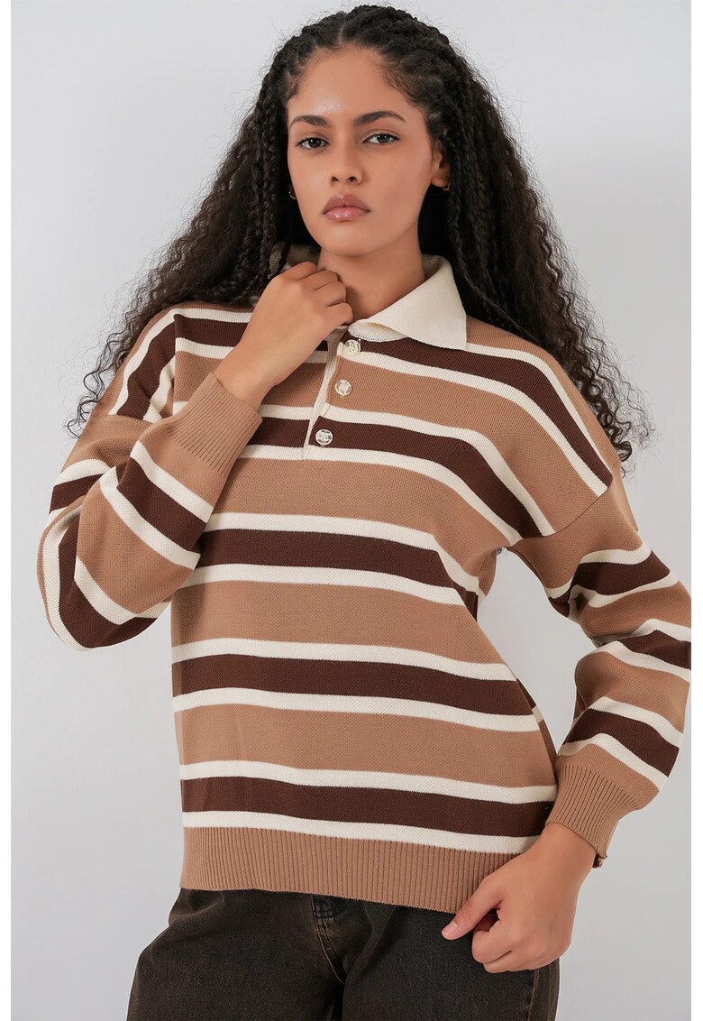 Pulover dama - polo cu dungi - bej natural - tricot -