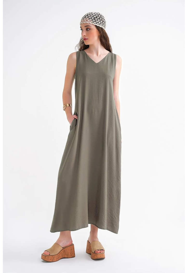 Rochie Maxi - Fara Maneci - Guler in V - Gri - Textil