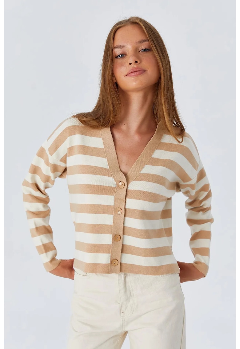 Cardigan dama - cu dungi - decolteu in V - nasturi - natural - tricot -