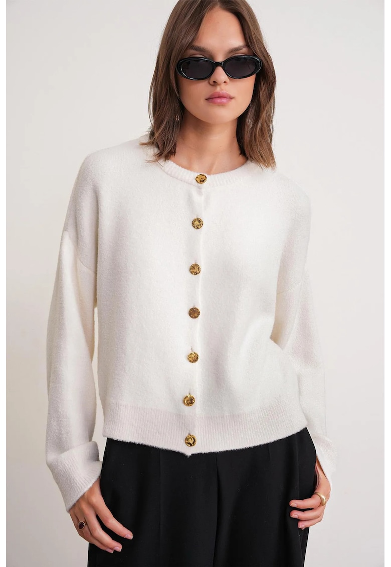 Cardigan tricotat - alb natural - nasturi -