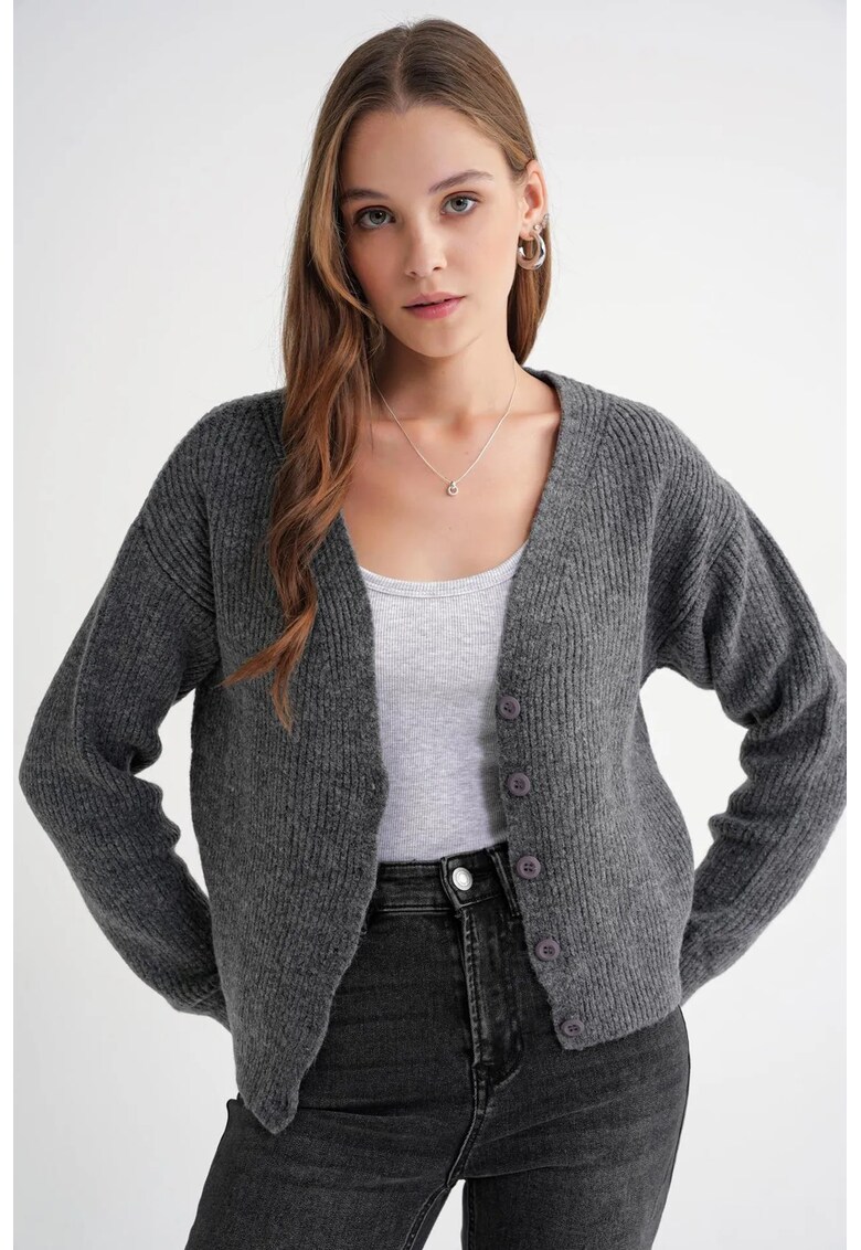 Cardigan dama - Decolteu in V - Tricot - Gri inchis -