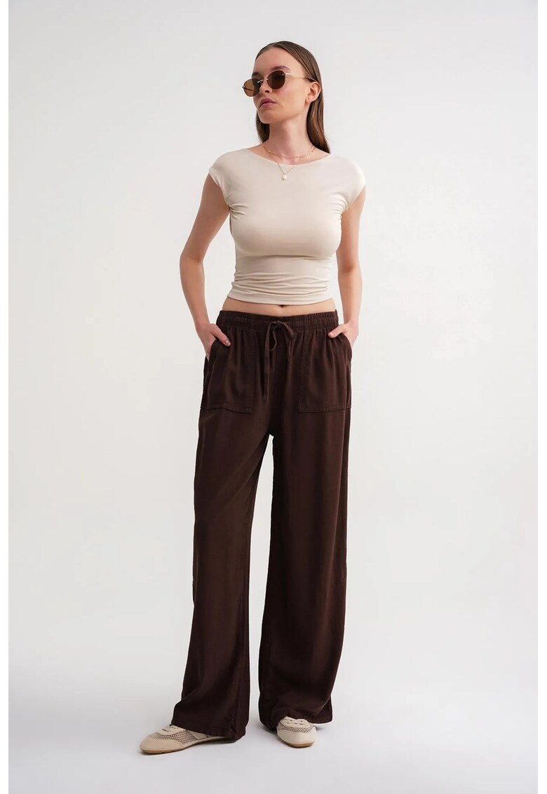Pantaloni dama - talie elastica - picior drept - maro cafea - textil