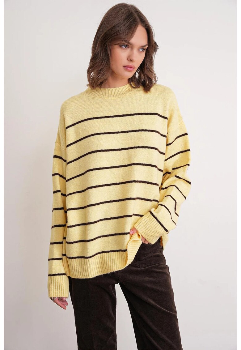 Pulovere dama - pulover tricotat in dungi - galben lamaie - tricot -
