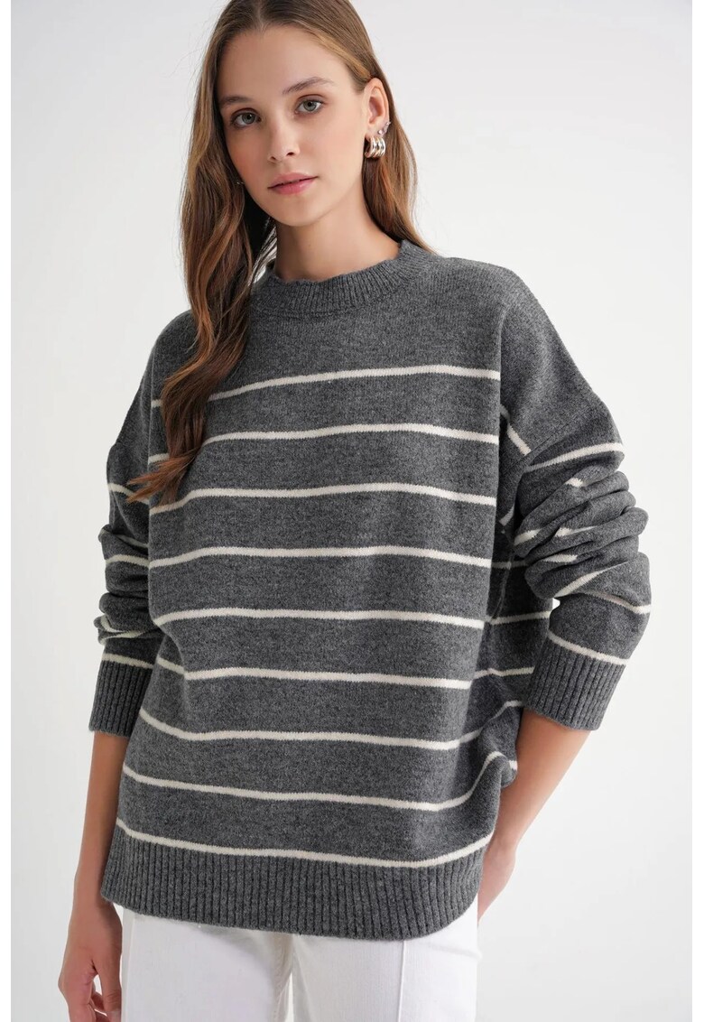 Pulover dama - tricotat - dungi - gri inchis -