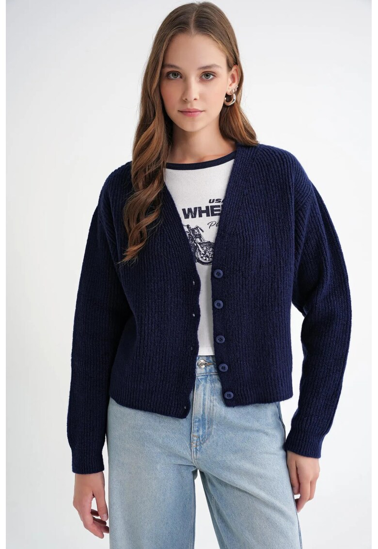 Cardigan dama - texturat - albastru marin - tricot - croiala lejera -