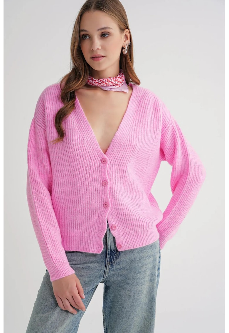 Cardigan - cu nasturi - decolteu in V - roz pudrat - tricot -