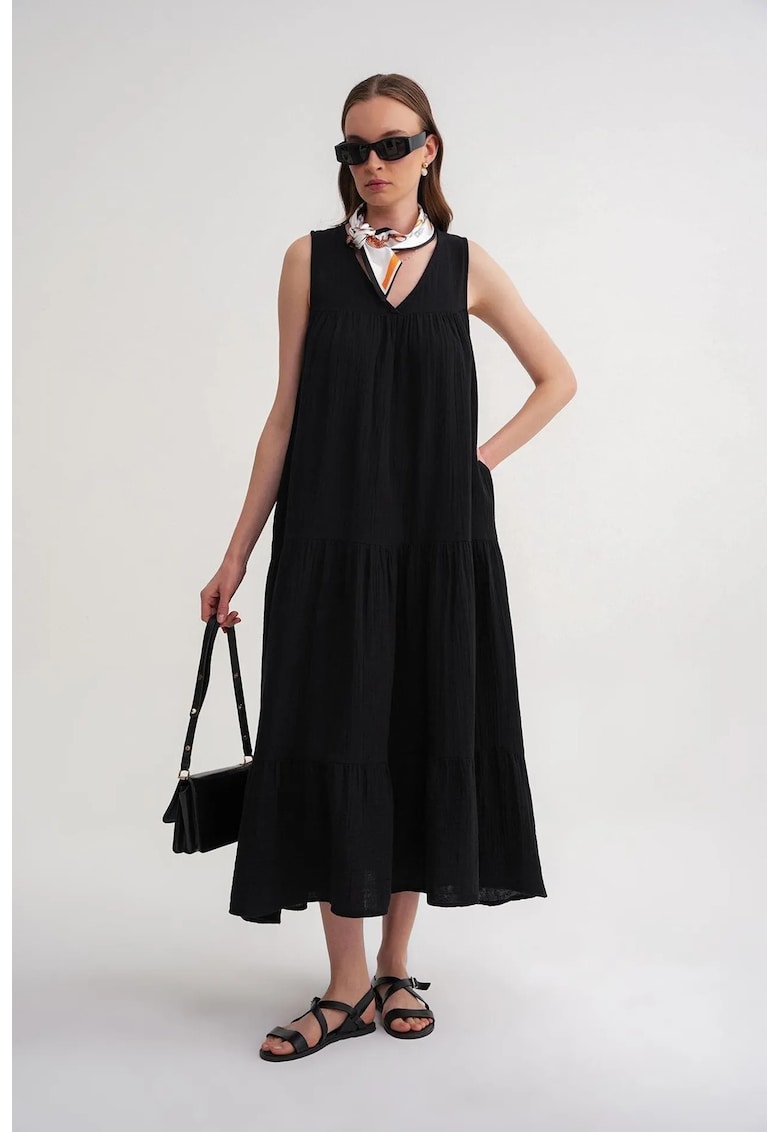 Rochie Midi - fara maneci - decolteu in V - negru - bumbac