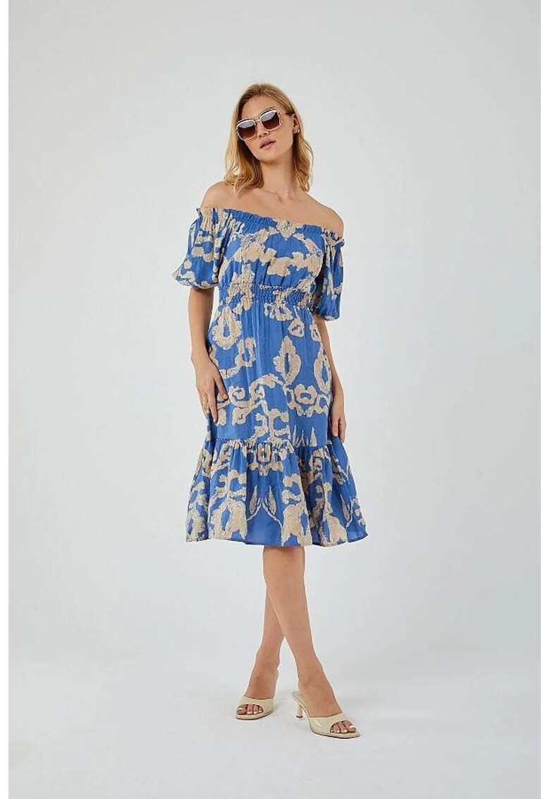 Rochie Midi - volane - decolteu pe umar - albastru maya - textil -
