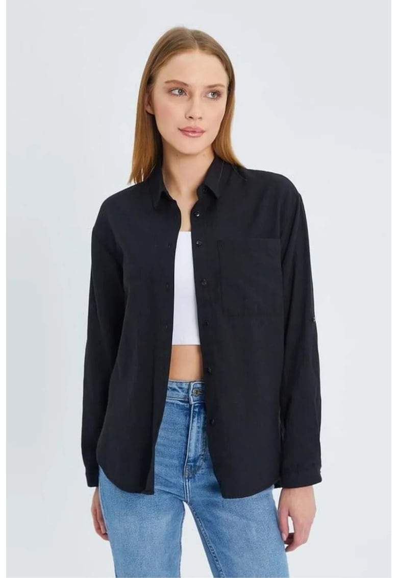 Camasa dama - camasa cu maneca lunga - buzunar - negru - textil