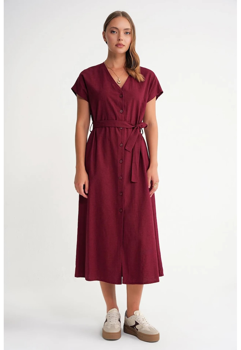 Rochie camasa cu curea - textil - Visiniu
