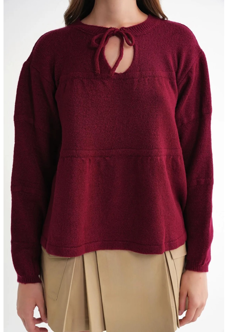 Pulover dama - lejer tricotat - detalii tip cravata - visiniu -