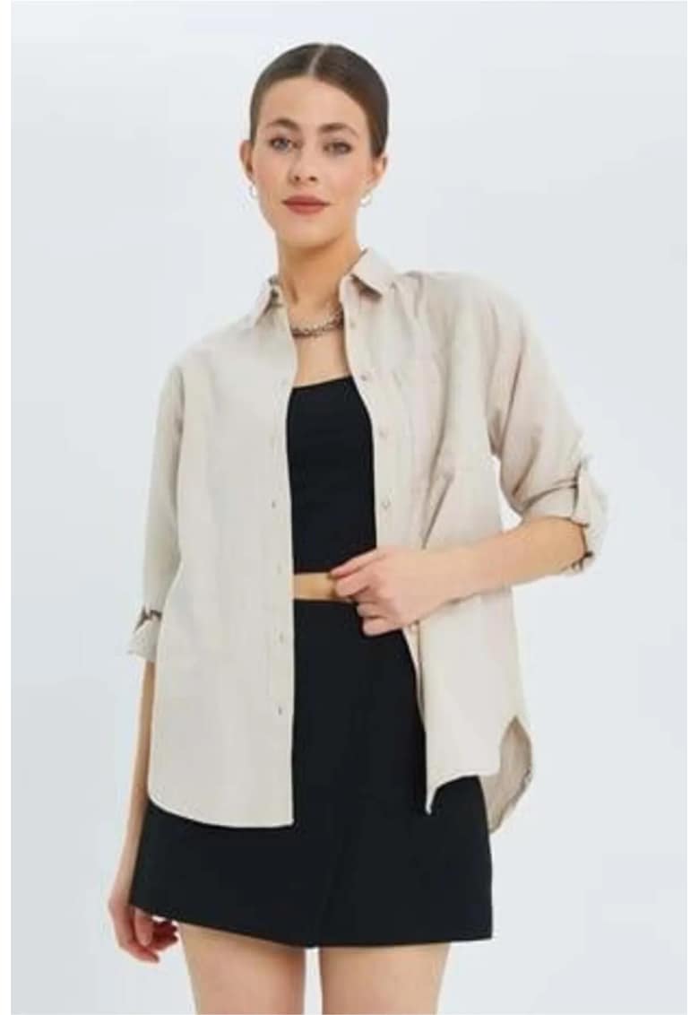 Mixray Camasa dama - cu maneca lunga - nasturi - buzunar - oatmeal - textil