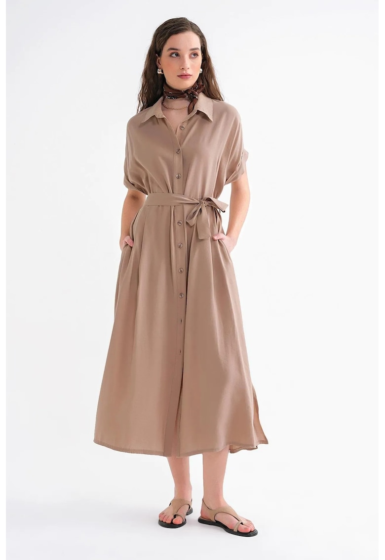 Rochie tip camasa - maro - textil