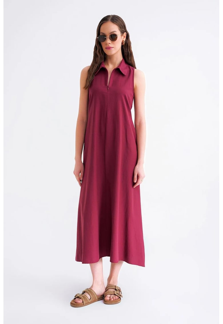 Rochie midi - rosu - textil - cu guler si fermoar