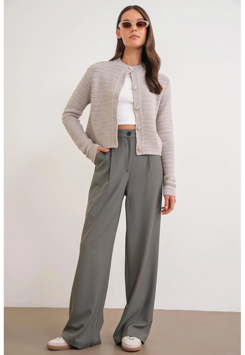 Pantaloni dama - Palazzo - talie inalta - gri - textil