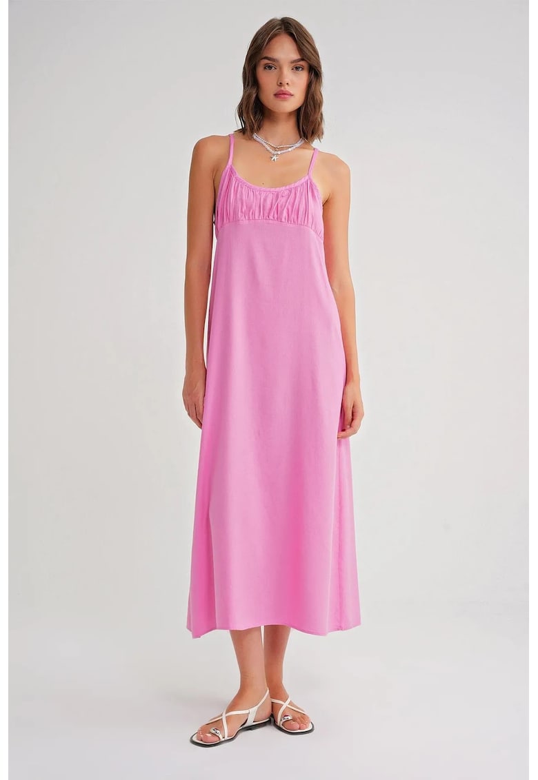 Rochie Maxi - cu Bretele - Detaliu Drapat - Roz Pudrat - Textil