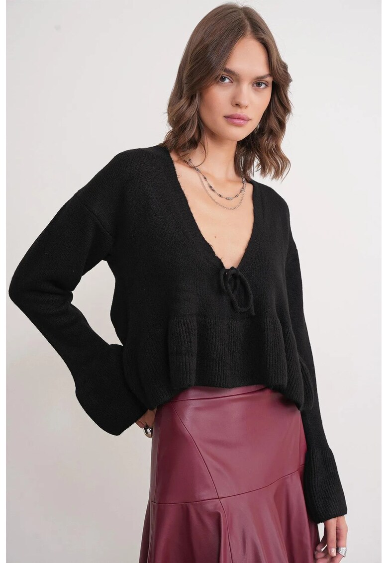 Pulover dama - Tricot - Negru - Decolteu in V -