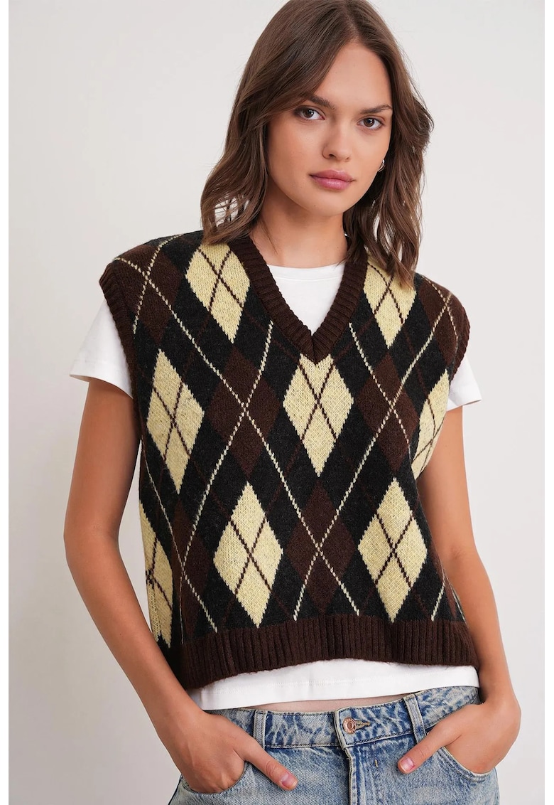 Vesta dama - Decolteu in V - Maro cafea - Tricot -