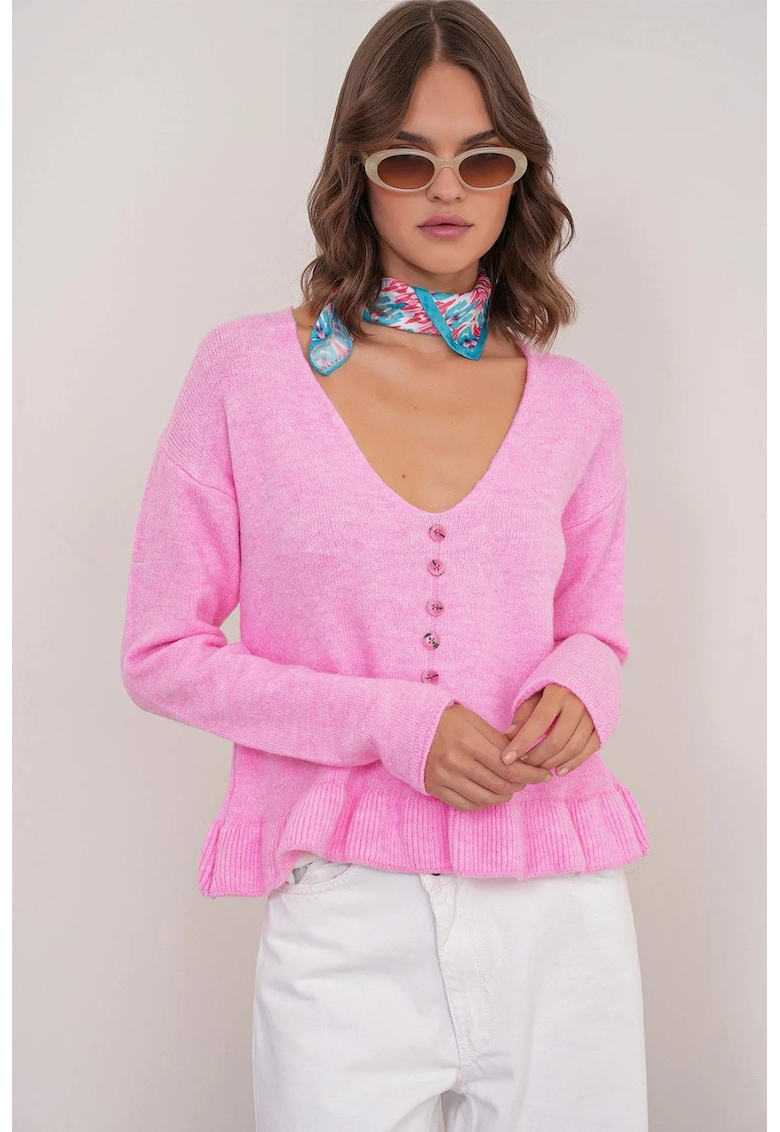 Pulover dama - Tricot - Roz pudrat - Nasturi - Decolteu in V -