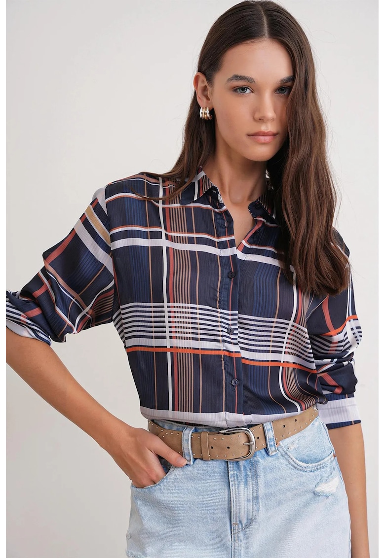 Camasa dama - camasa din satin cu nasturi - bleumarin - textil