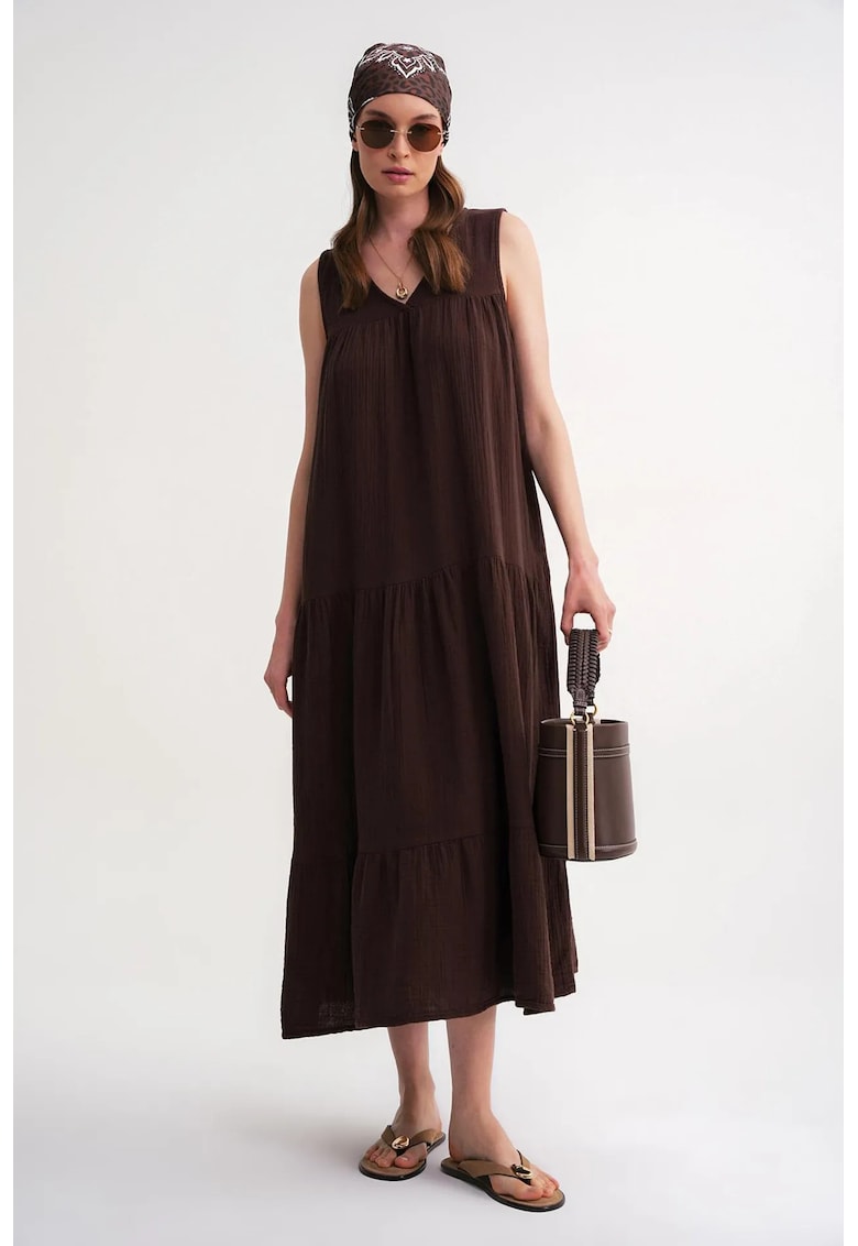 Rochie midi fara maneci - cu buzunare - maro - bumbac