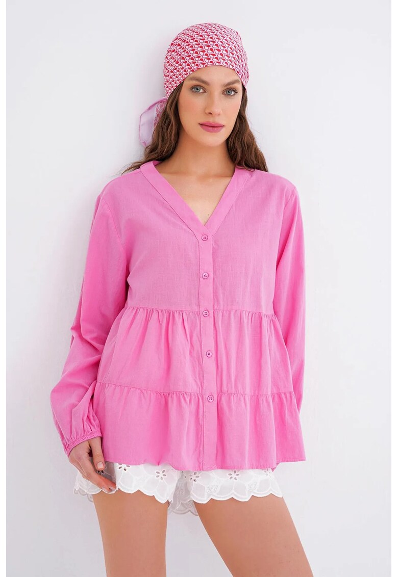 Camasa dama - bluza cu maneca lunga - volane etajate - roz pudrat - textil