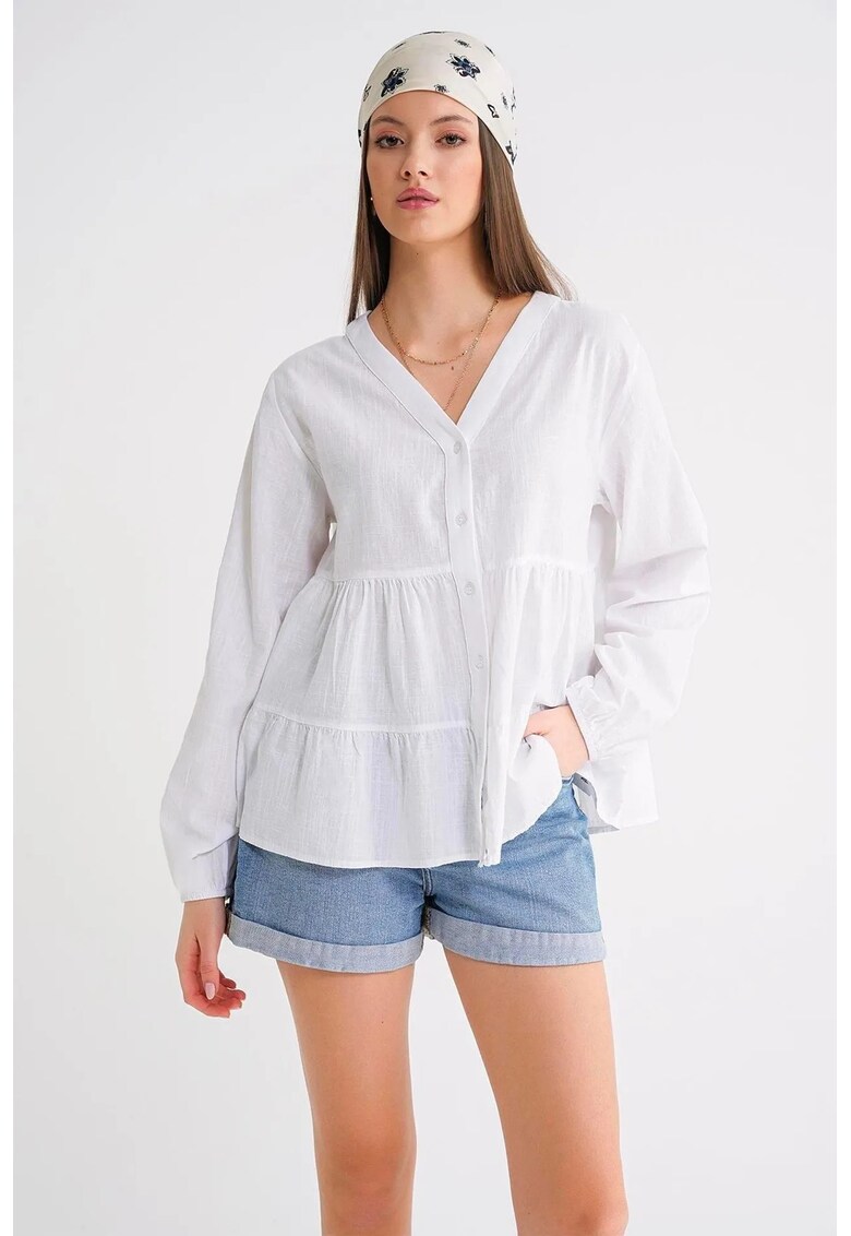Camasa dama - bluza cu maneca lunga - volane etajate - alb - textil - Alb