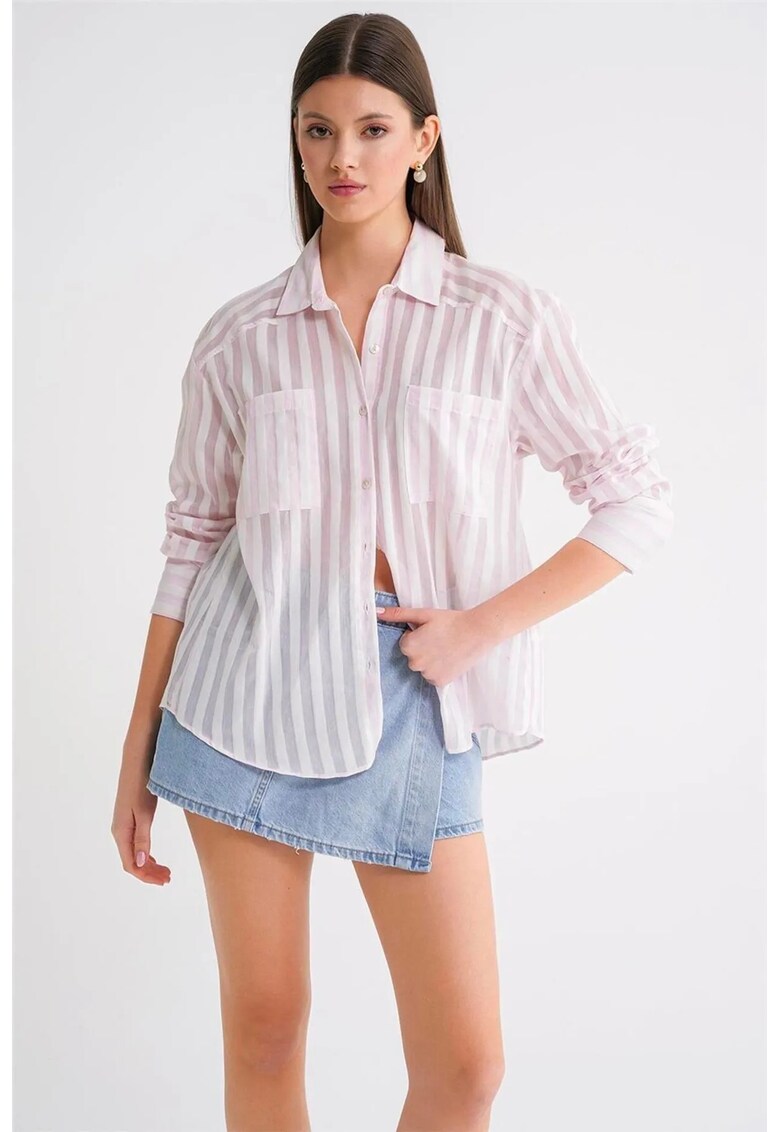 Camasa dama - camasa din poplin cu dungi - roz pudrat - bumbac