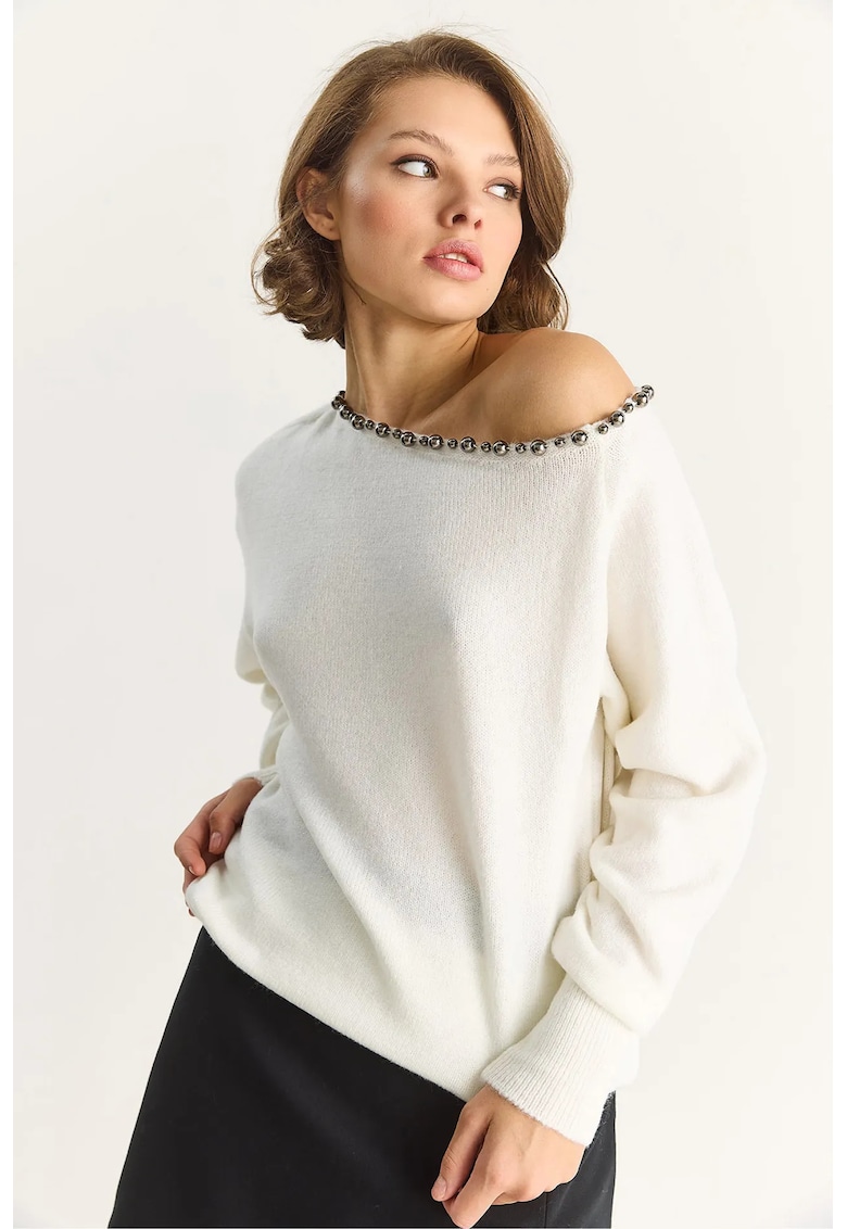 Pulover dama - Tricot - Alb - Guler asimetric -