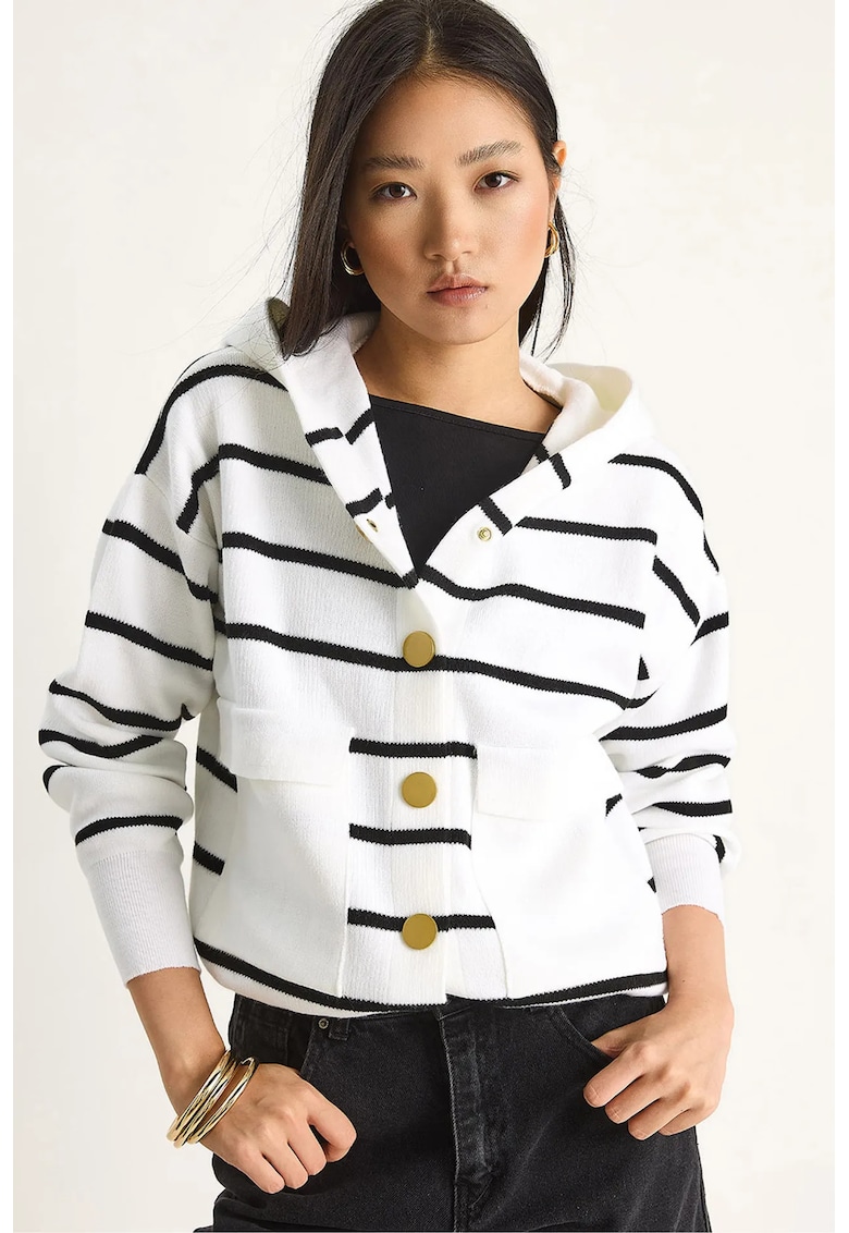 Cardigan cu gluga - dungi - negru/alb - tricot -