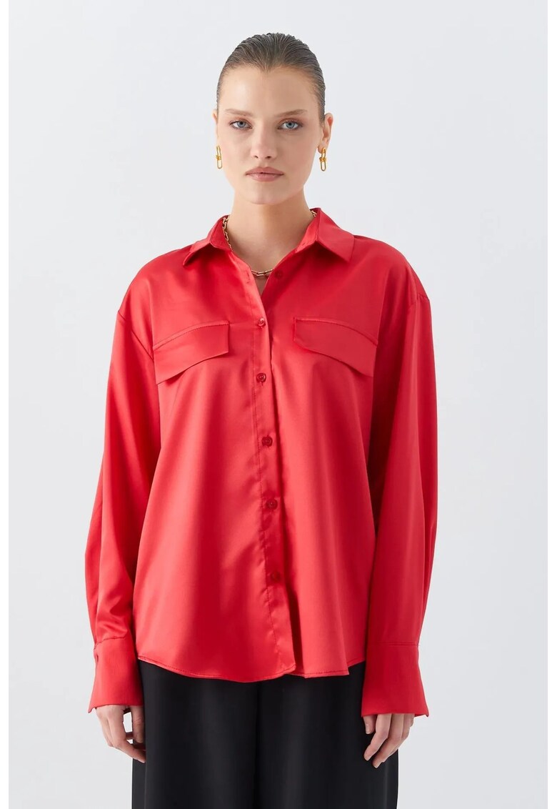 Camasa dama - camasa din satin - detaliu buzunar - rosu - textil