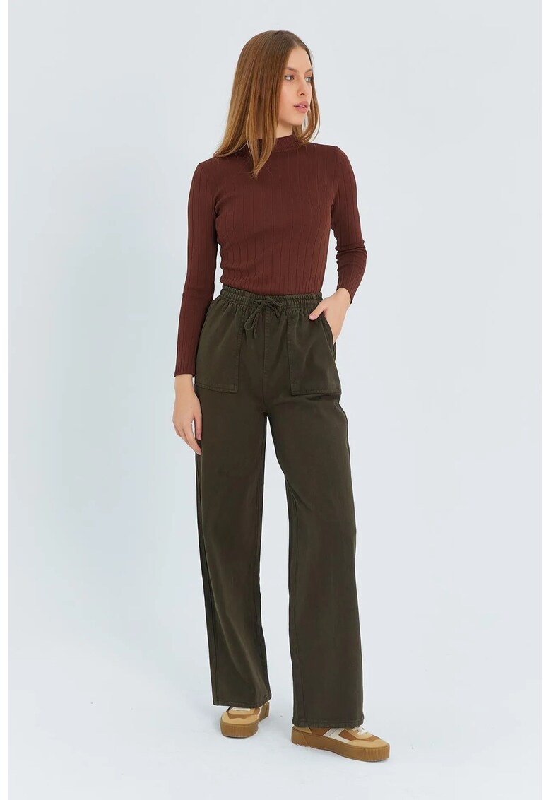 Pantaloni dama - bumbac - talie elastica - verde kaki -