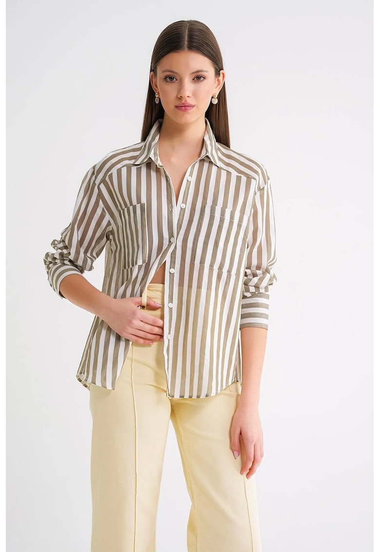 Camasa dama - camasa din poplin cu dungi - verde kaki - bumbac