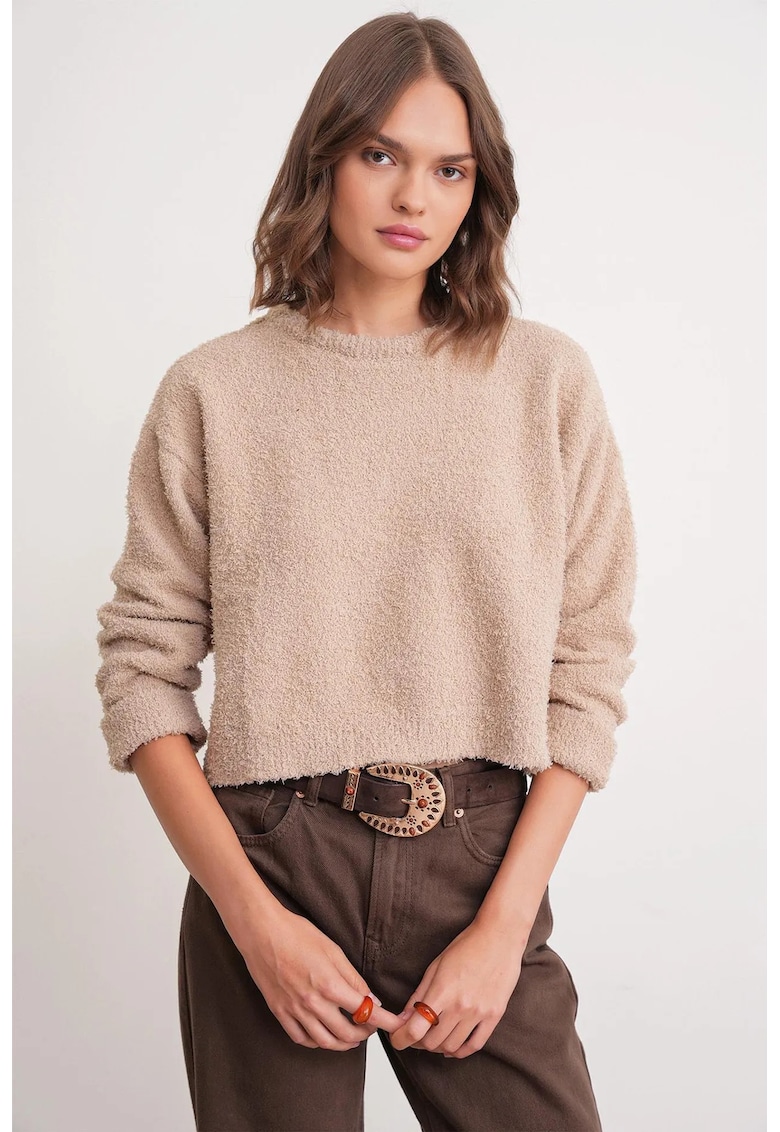 Pulover tricotat scurt - bej natural - tricot -