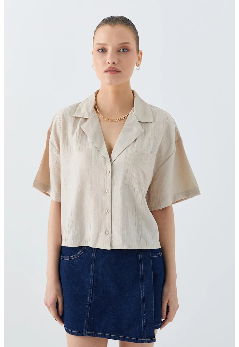 Camasa dama - crop cu nasturi si buzunar - culoare Stone Natural - Loose Fit