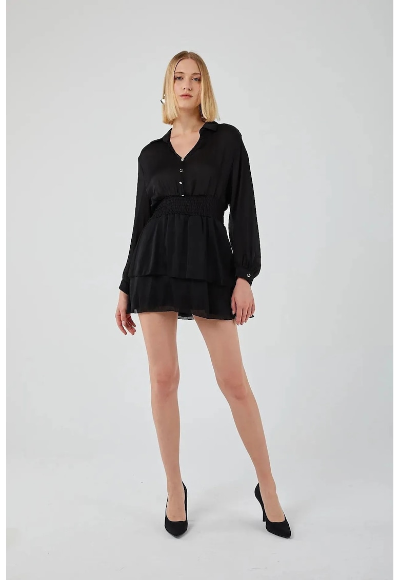 Rochie Mini - volane - decolteu in V - negru - textil