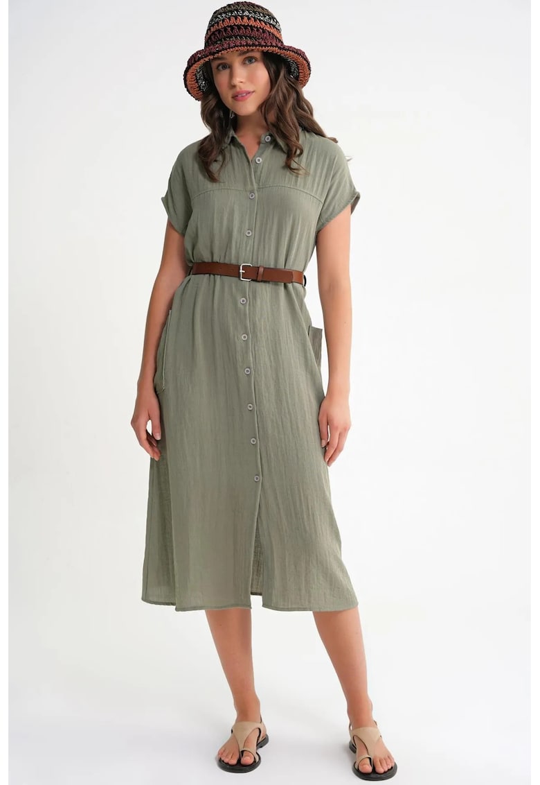 Rochie Midi - Detaliu Curea - Guler cu Nasturi - Verde Kaki - Textil