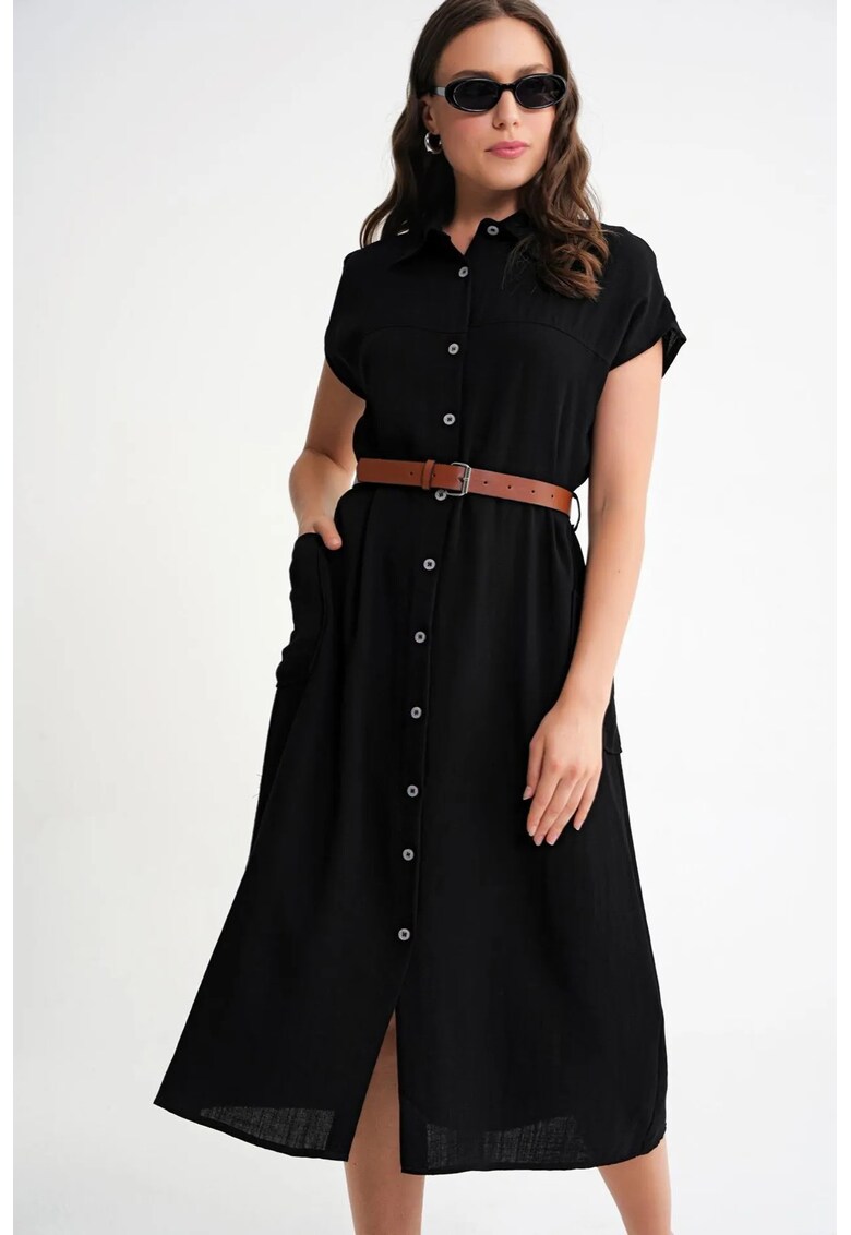 Rochie midi - detalii curea - guler cu nasturi - negru - textil