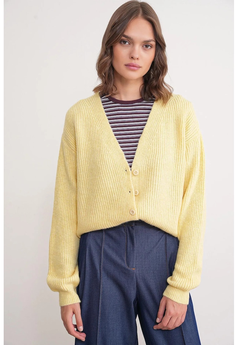 Pulover dama - cardigan cu nasturi - decolteu in V - texturat - galben lamaie - tricot -