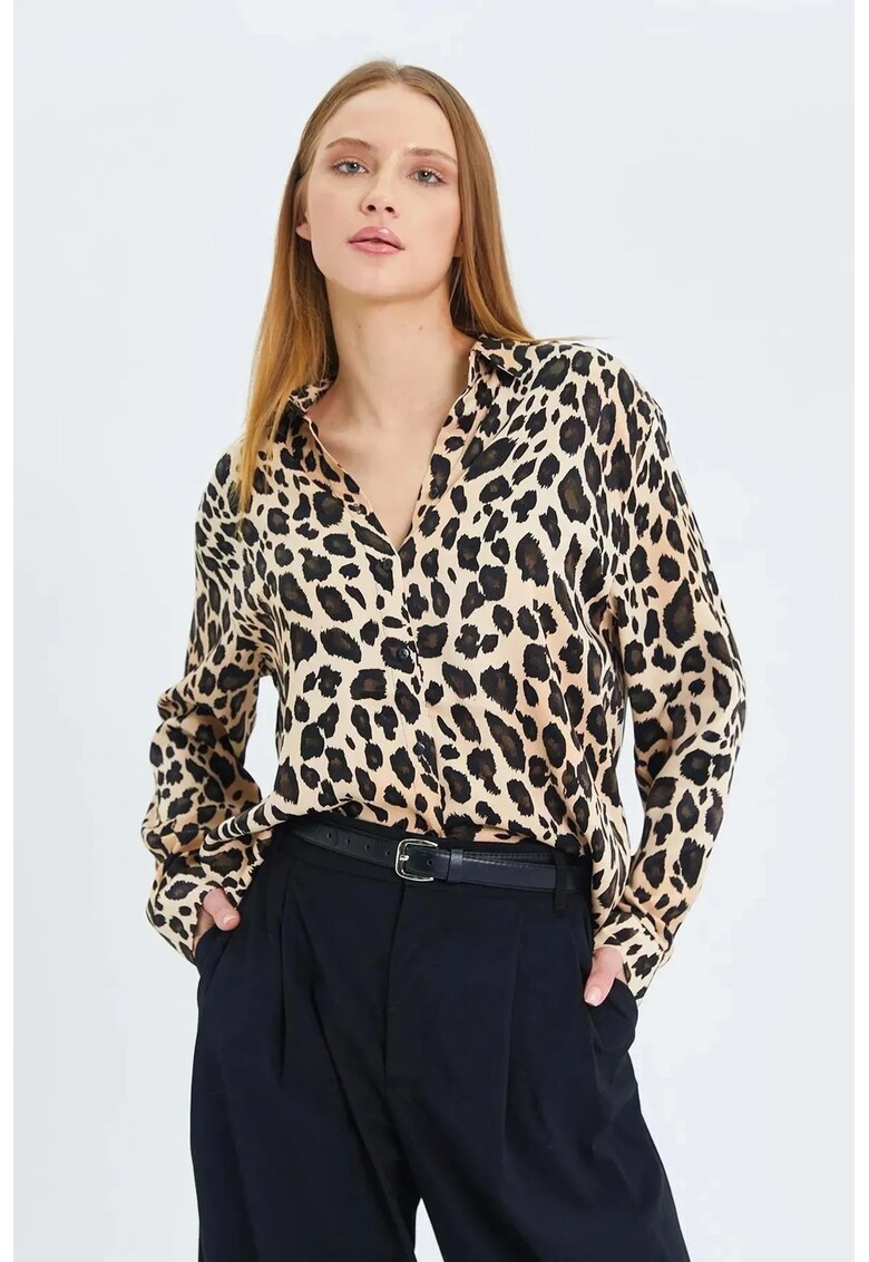 Camasa dama - camasa din satin cu imprimeu leopard - bej natural - textil